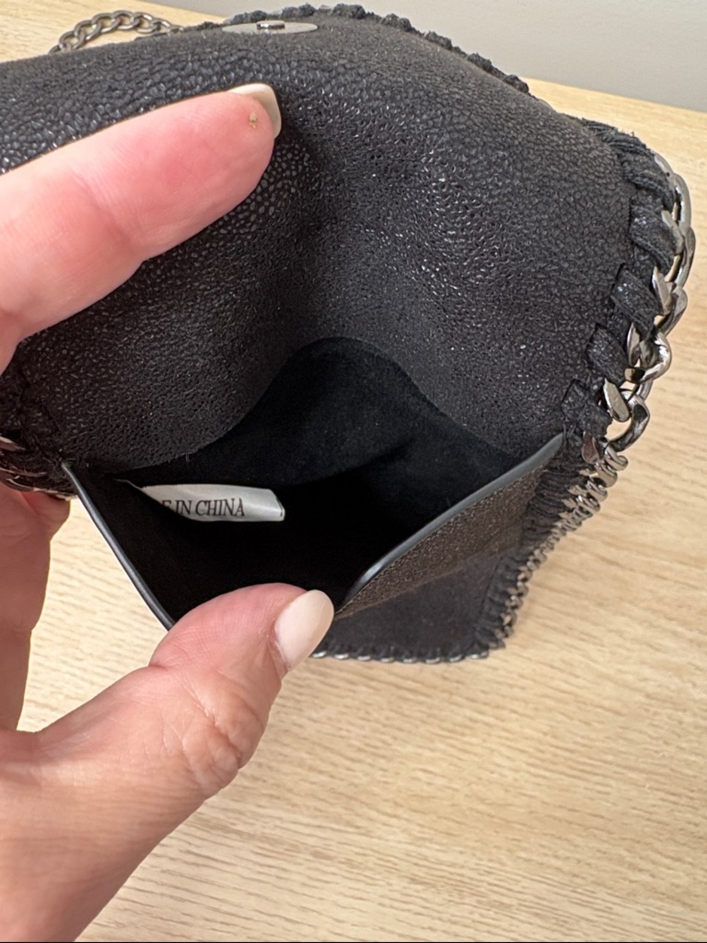 Black Chain Trim Phone Crossbody Bag | Edgy Faux Leather Mini Pouch | Festival - Picture 6 of 7